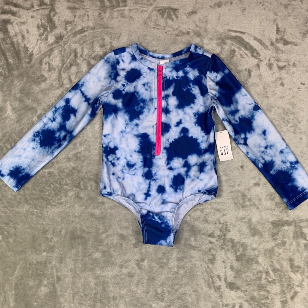 NEW Baby Gap 3T Girls Blue Tie-Dye Long Sleeve Rash Guard Swimsuit One-Piece